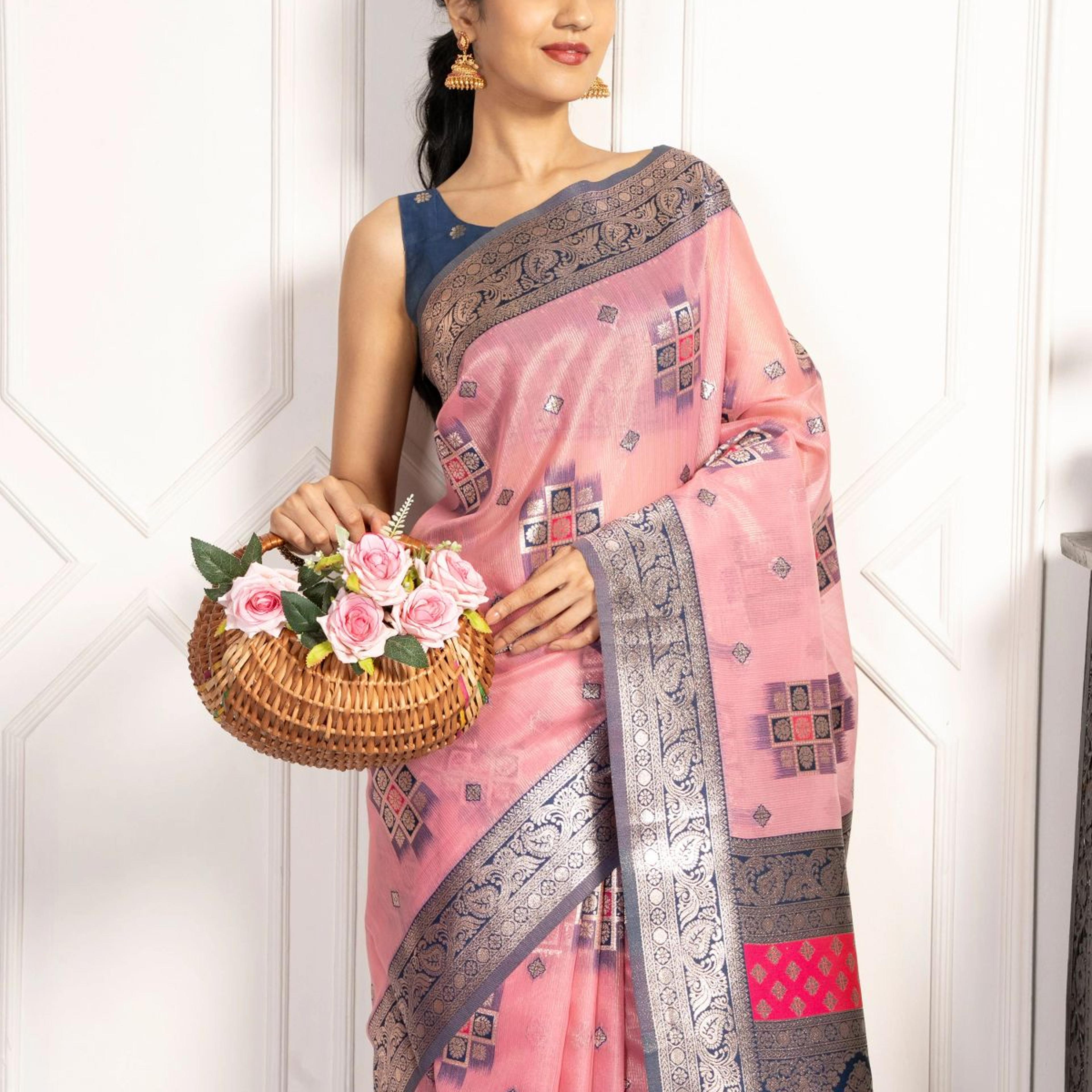 Mimosa Women's Woven Design Kanjivaram Style Art Silk Saree With Blouse Piece : SA00002072PNKFREE