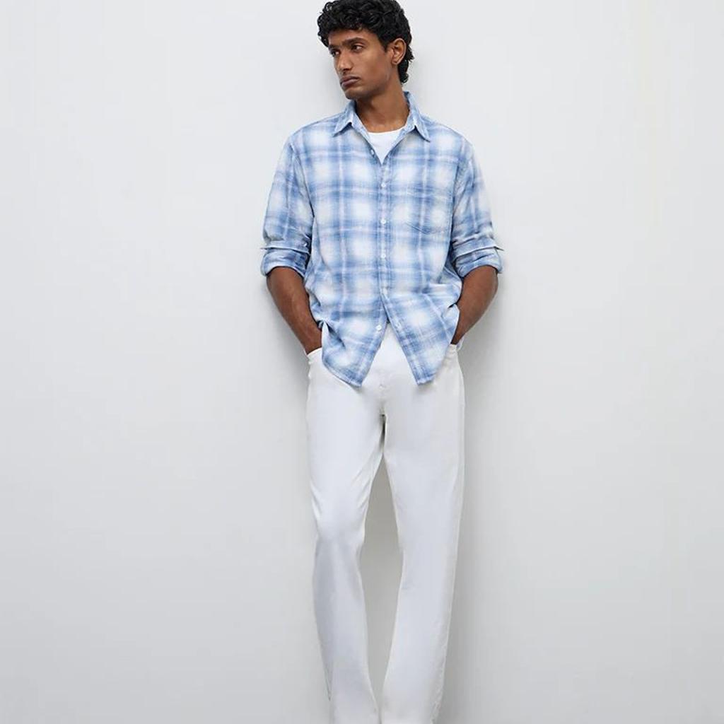 WES Casuals Blue Checkered Relaxed-Fit Cotton Shirt