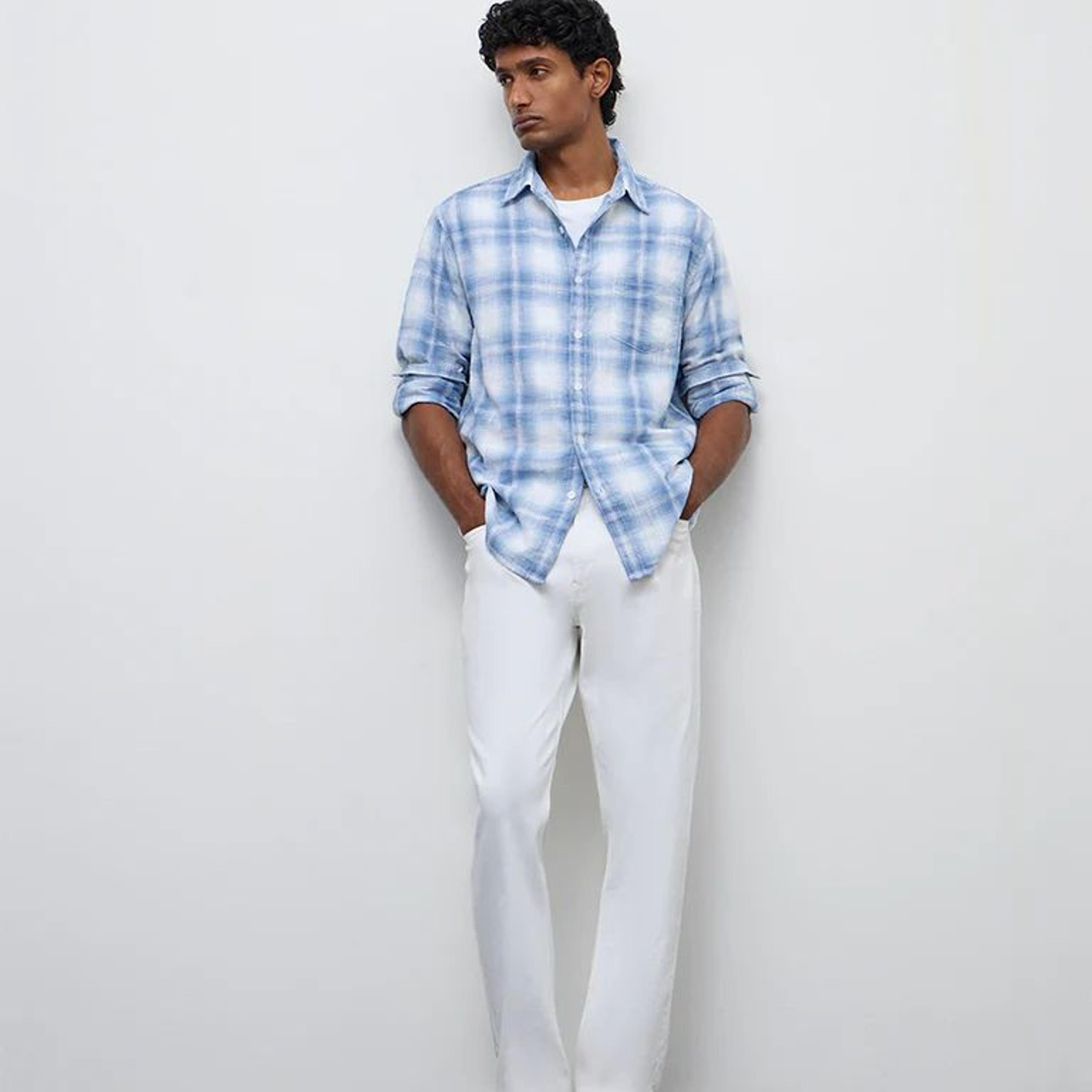 WES Casuals Blue Checkered Relaxed-Fit Cotton Shirt