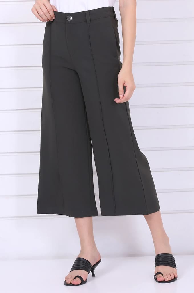 Green Solid Calf Length Culottes with YKK Zipper — photo 2