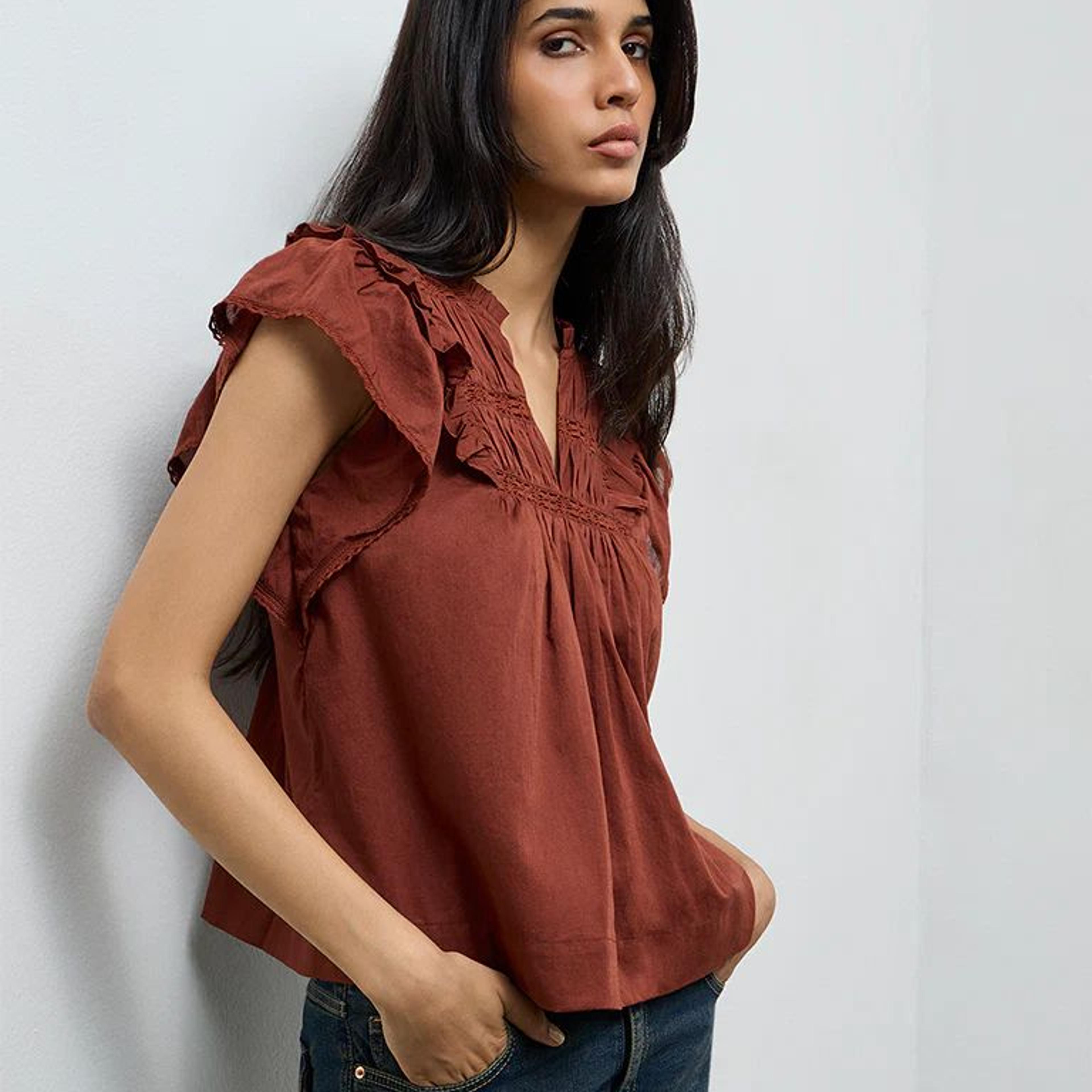 LOV Rust Ruffle-Detailed Cotton Top