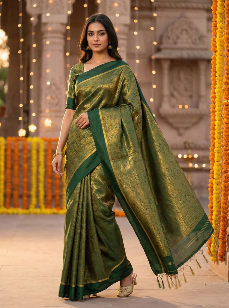 MIMOSA Women's Woven Design Mysore Silk Style Crepe Saree with Blouse Piece - Green ( SA00003134GRNFREE ) — Default Title