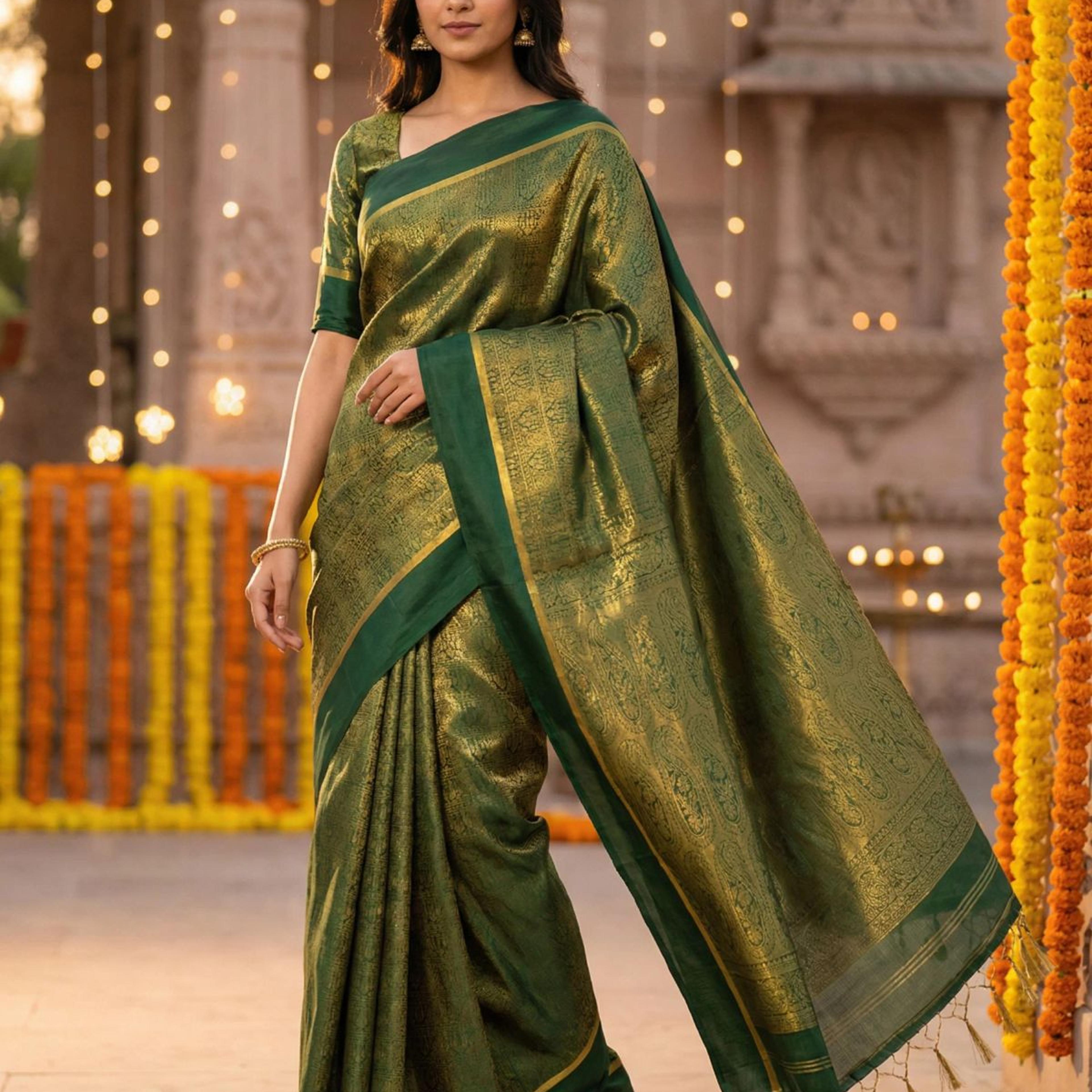 MIMOSA Women's Woven Design Mysore Silk Style Crepe Saree with Blouse Piece - Green ( SA00003134GRNFREE )
