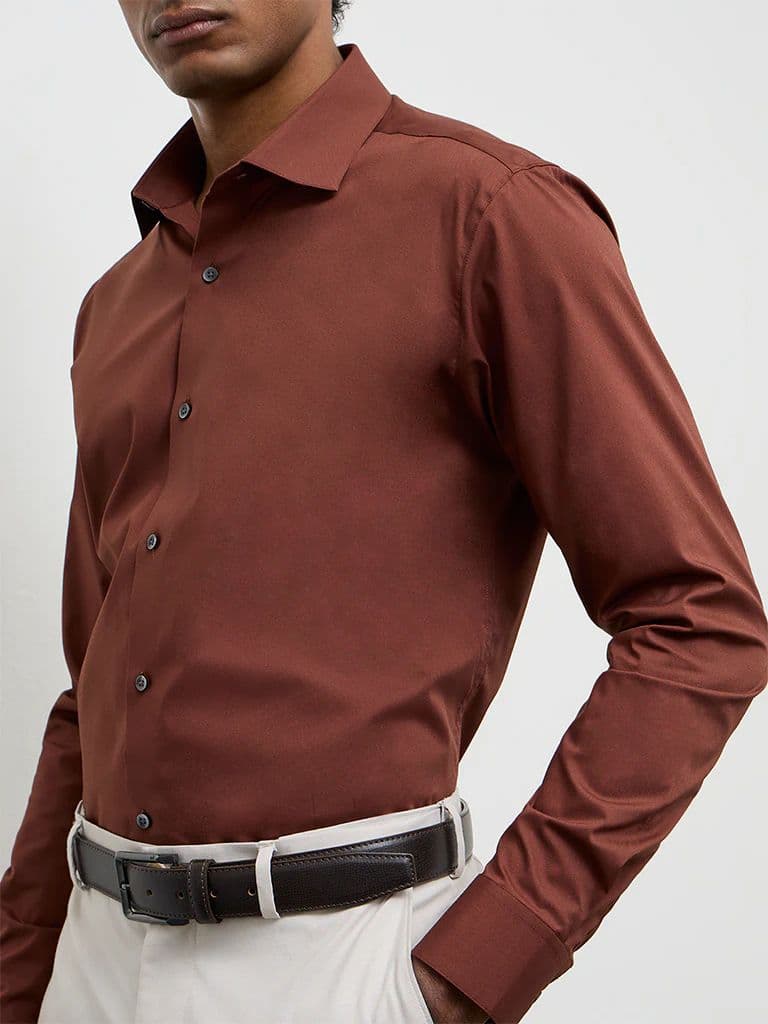WES Formals Brown Ultra Slim-Fit Cotton-Blend Shirt — photo 3