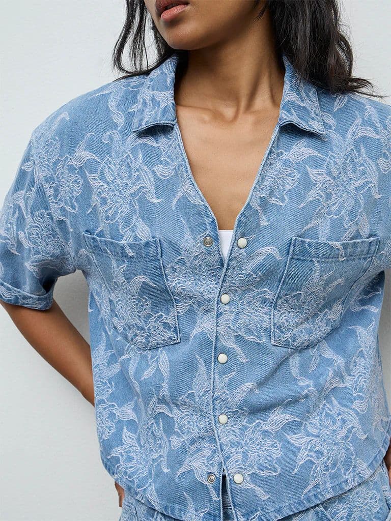 LOV Blue Floral Embroidered Denim Shirt — photo 3
