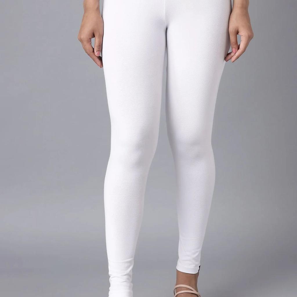 Elleven Women's White Solid Cotton Lycra Skinny Fit Ankle Length High Rise Leggings