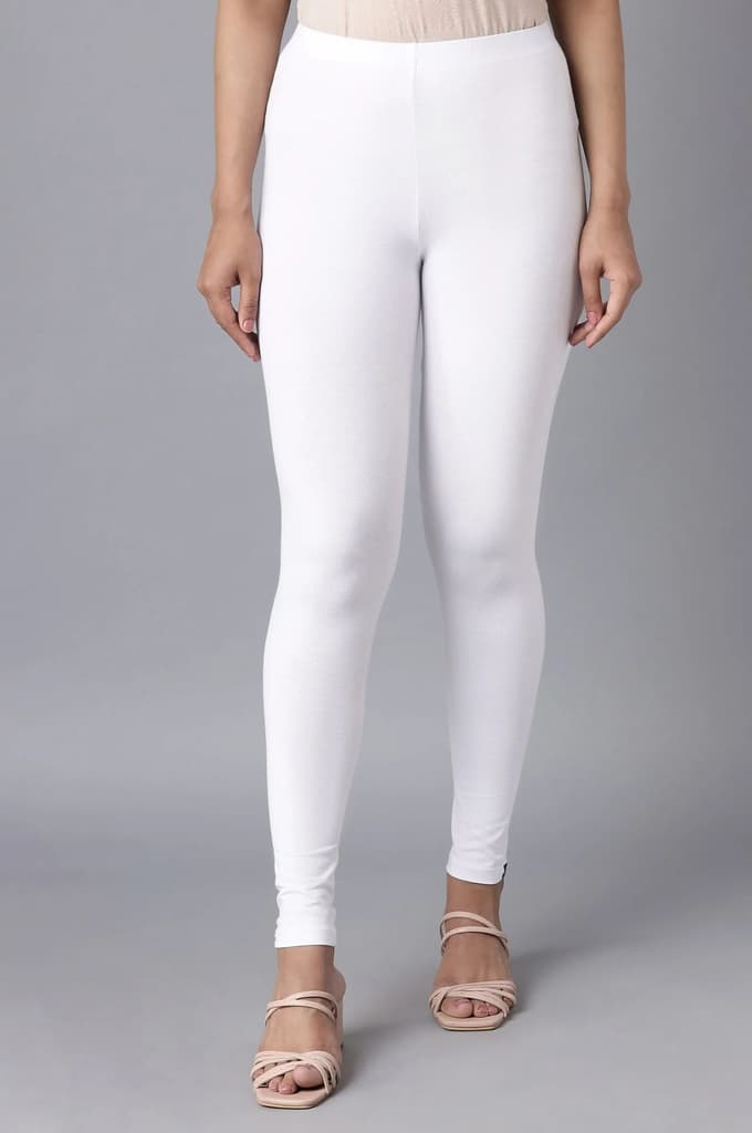 Elleven Women's White Solid Cotton Lycra Skinny Fit Ankle Length High Rise Leggings — XS