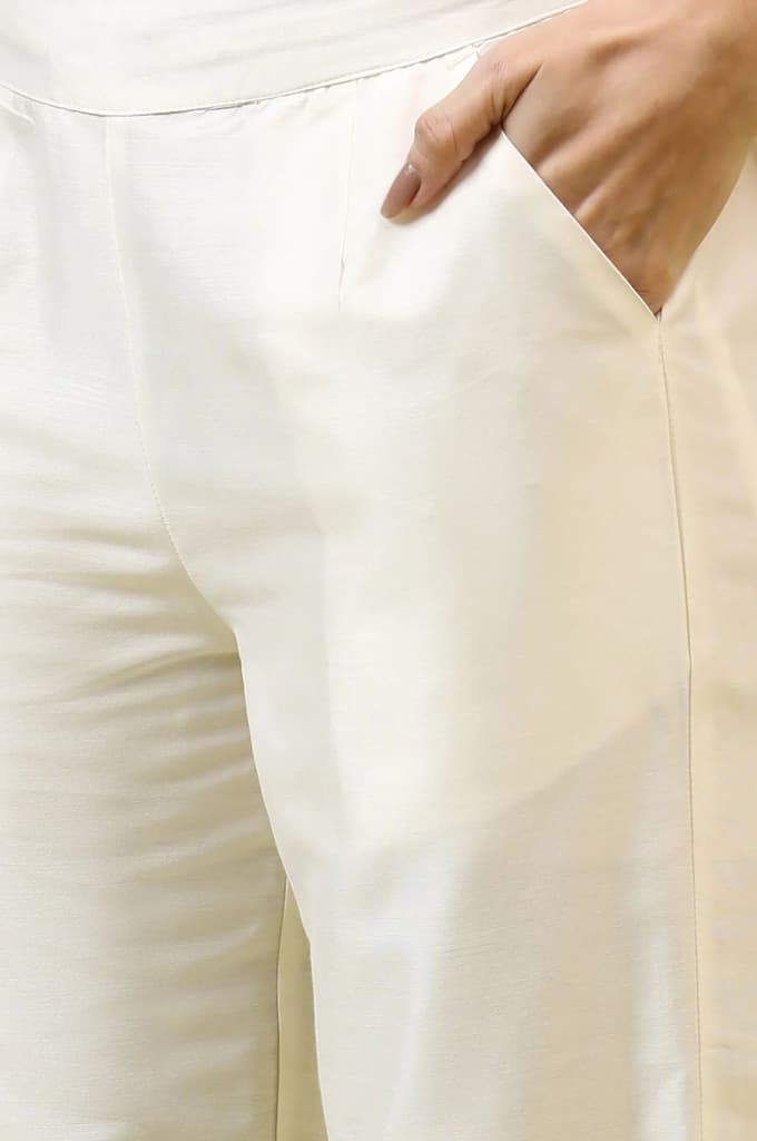 White Solid Mid-Rise Straight Pants with Embroidered Organza Scallop Hemline — photo 8