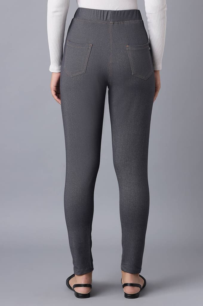 Grey Solid Skinny Fit Cotton Jeggings With Elasticated Waist — photo 2