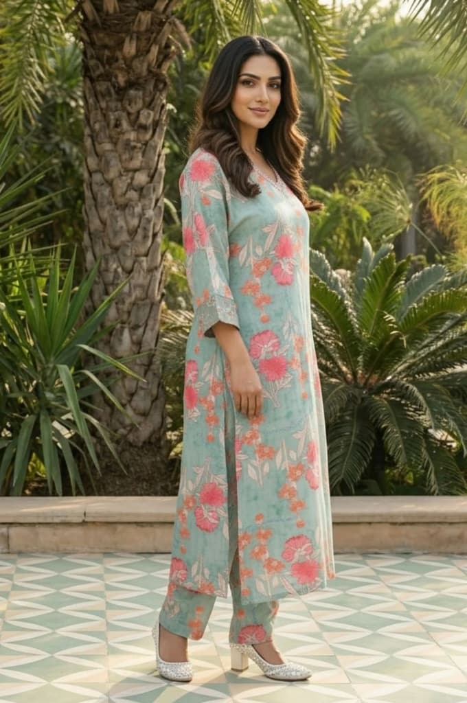 Green Floral Printed Modal Straight Kurta with Straight Pant Set — photo 5