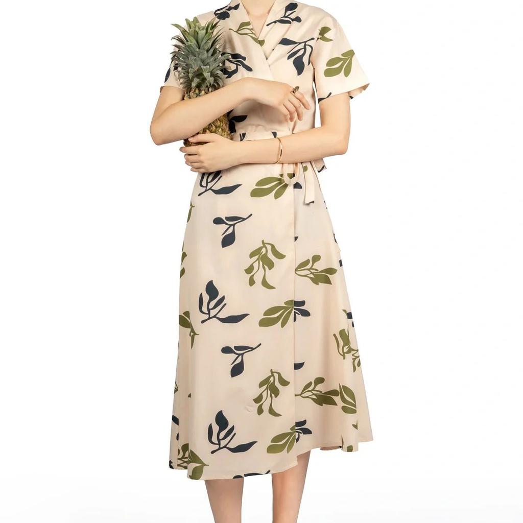 Beige Tropical Print Midi Dress