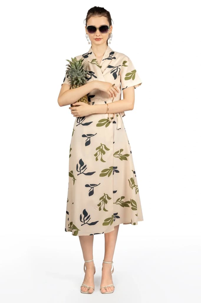 Beige Tropical Print Midi Dress