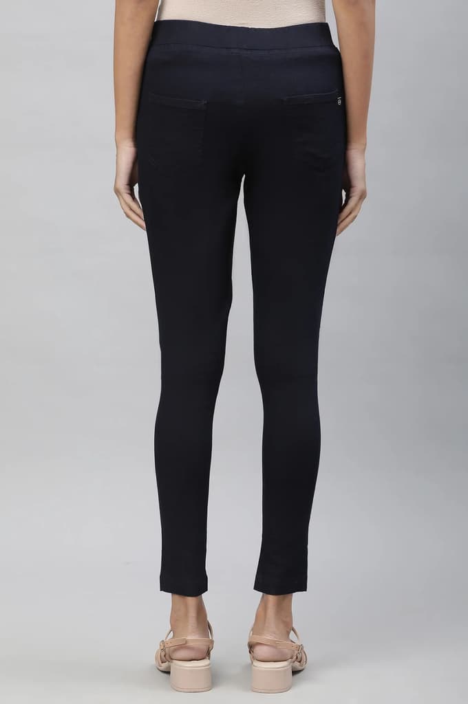 Navy Blue Solid Slim Fit Denim Jeggings With Pintuck Detail — photo 4