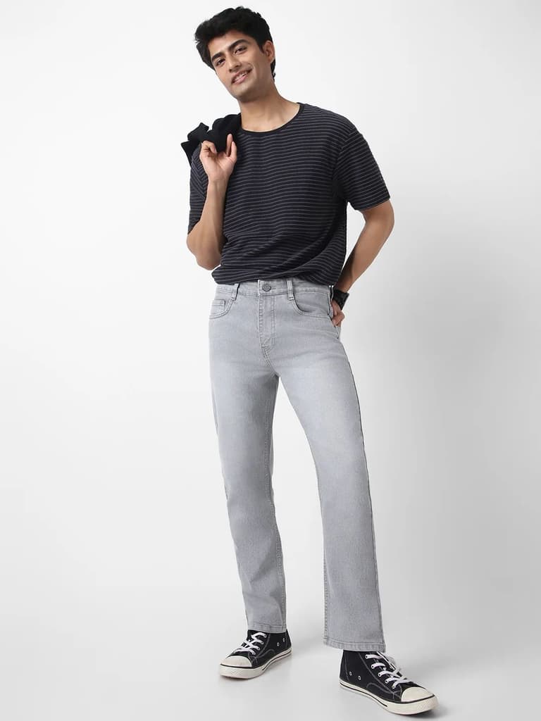 Men's Light Grey Straight Fit Washed Jeans Stretchable — photo 4
