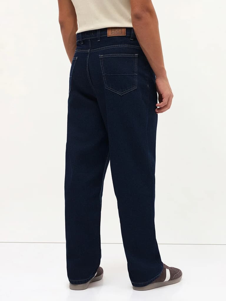 Men's Dark Blue Loose Baggy Fit Raw Washed Denim Jeans Non-Stretchable — photo 4