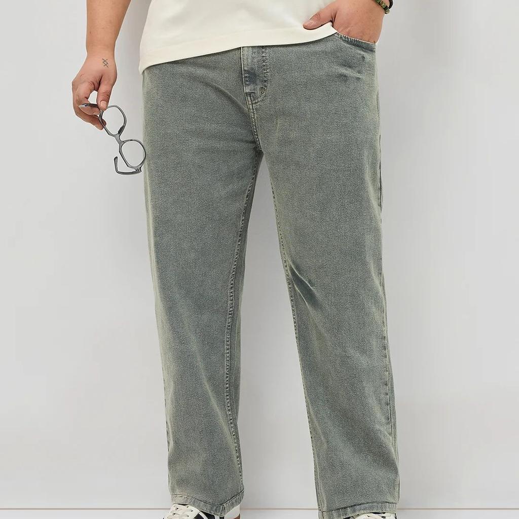 Plus Men's Light Grey Regular Fit Acid Washed Denim Jeans Stretchable