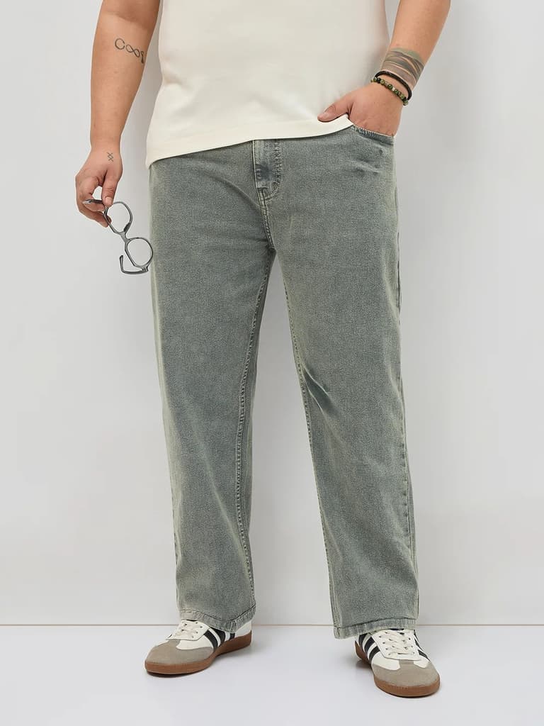 Plus Men's Light Grey Regular Fit Acid Washed Denim Jeans Stretchable — 36 / Light Grey