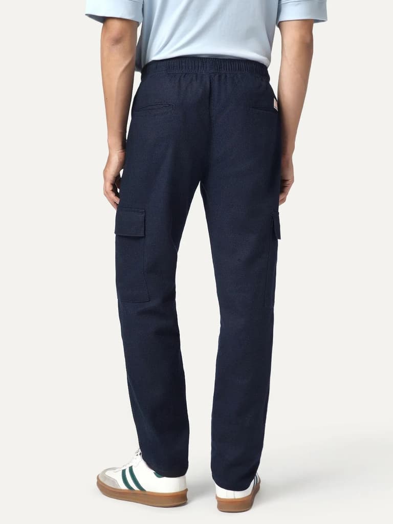 Men's Navy Straight Fit Linen Cargo Pants with 6 Pockets — photo 3