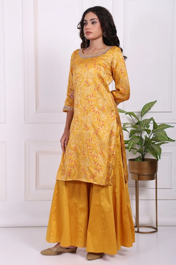 Yellow Embroidered Straight Jacquard Kurta with Sharara and Dupatta Set — photo 4
