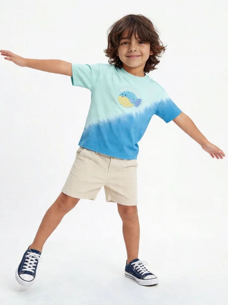 HOP Kids Boys Blue Tie-Dye Printed Cotton T-Shirt
