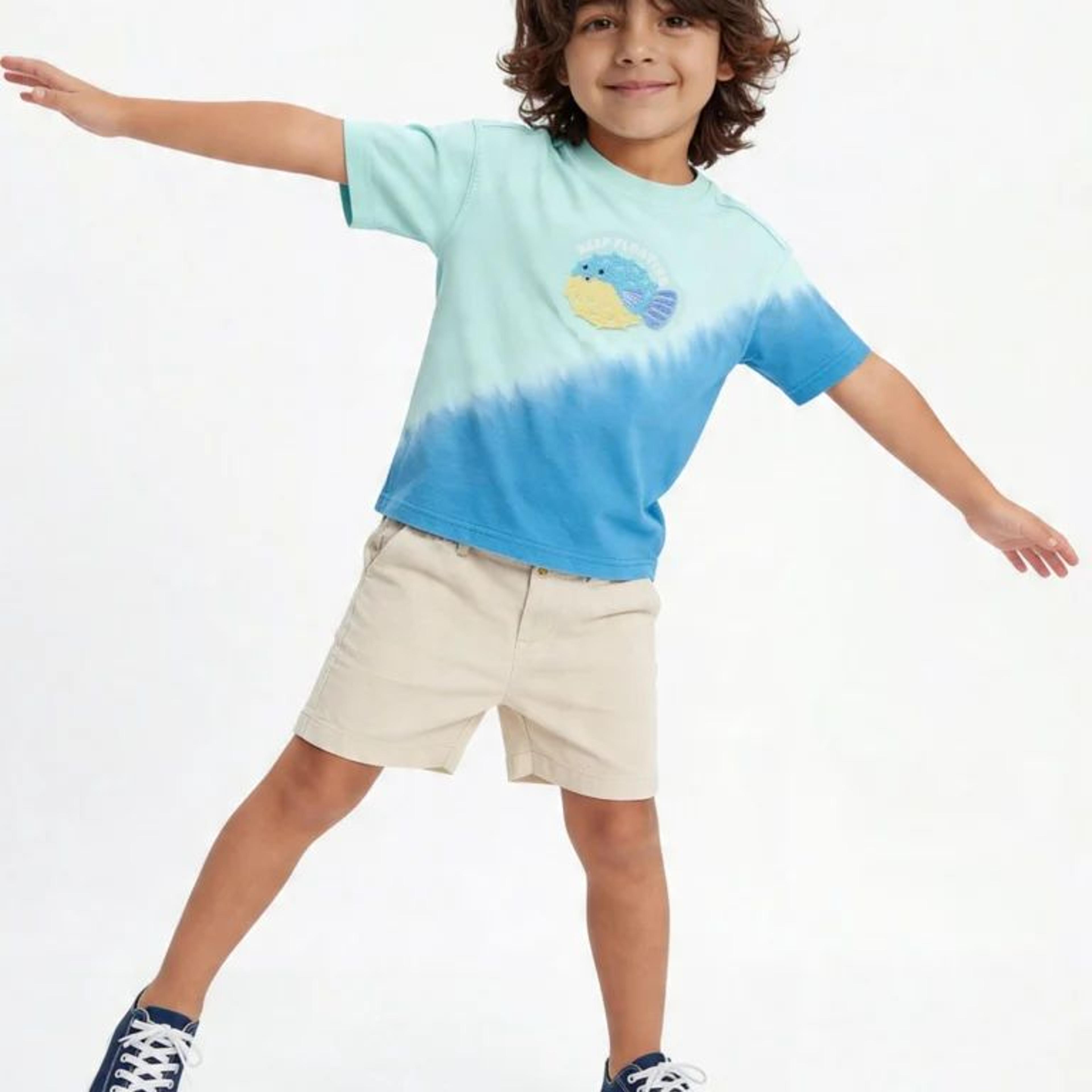 HOP Kids Boys Blue Tie-Dye Printed Cotton T-Shirt