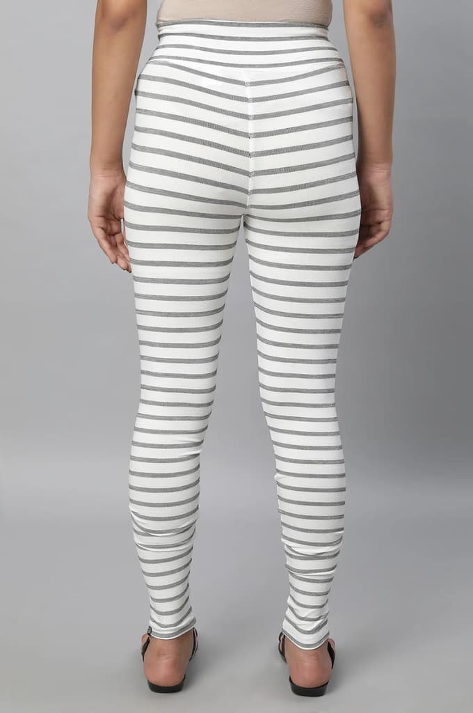 White Striped Skinny Fit Cotton Tights With High Waistband — photo 2