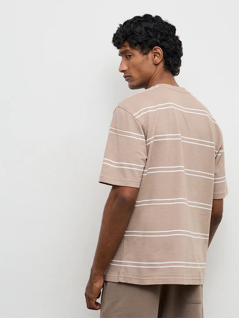 WES Lounge Beige Striped Relaxed-Fit Cotton T-Shirt — photo 4