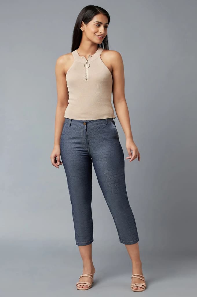 Blue Polka Dots Straight Fit Denim Culottes With Front Zip — photo 10