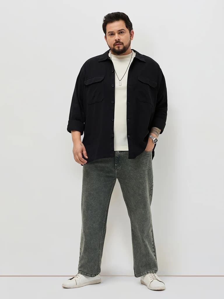 Plus Men's Black Cotton Full Sleeve Relaxed Fit Shacket with Utility Pockets — photo 4
