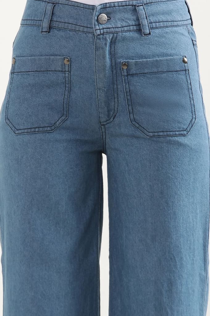 Light Blue Solid Flared Denim Pants With Button Detail — photo 6