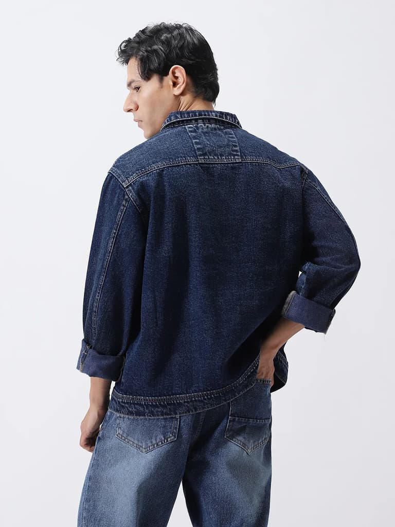 Men's Dark Blue Relaxed Fit Full Sleeve Utility Denim Jacket — photo 4