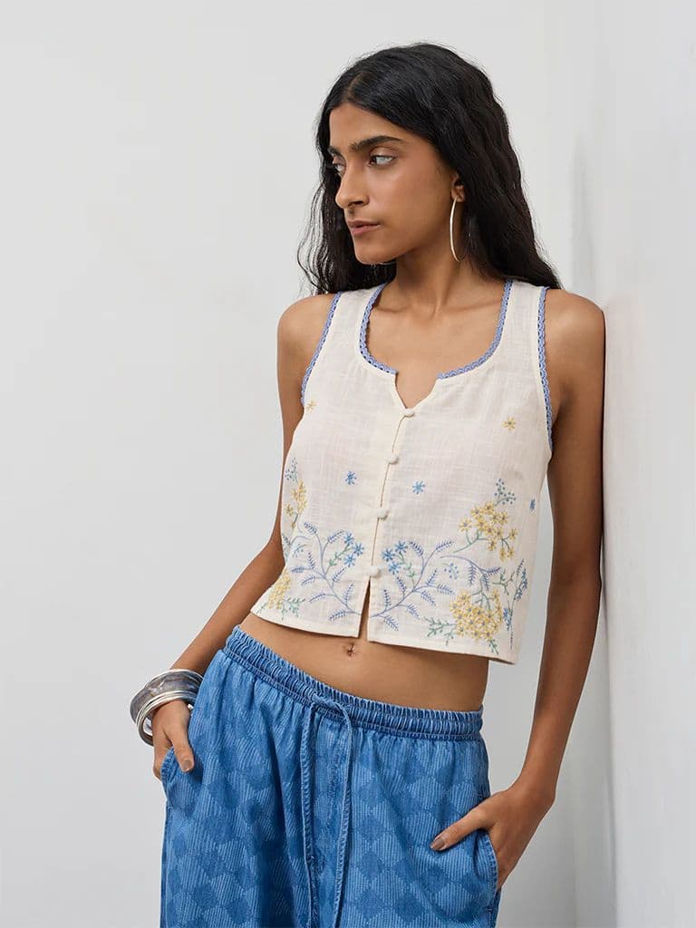 Bombay Paisley Off-White Floral Embroidered Cotton Top — photo 2