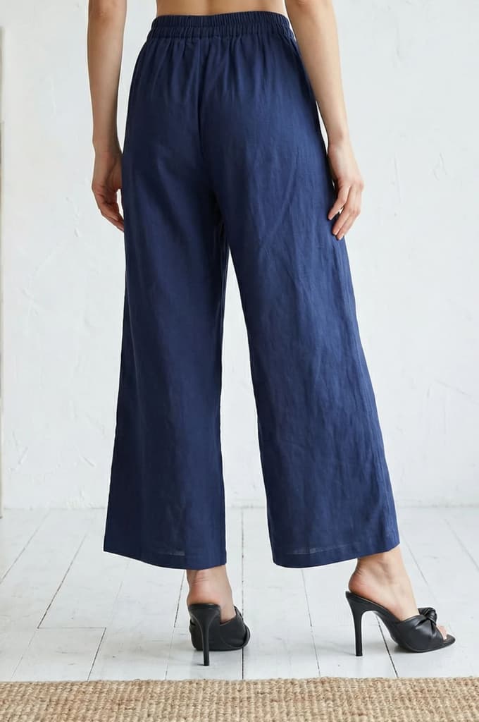 Navy Blue Cotton Flax Ankle Length Relaxed Pants — photo 5