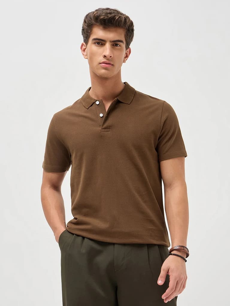 Men's Dark Brown Solid Regular Fit Half Sleeve Cotton Polo T-Shirt — S / Dark Brown