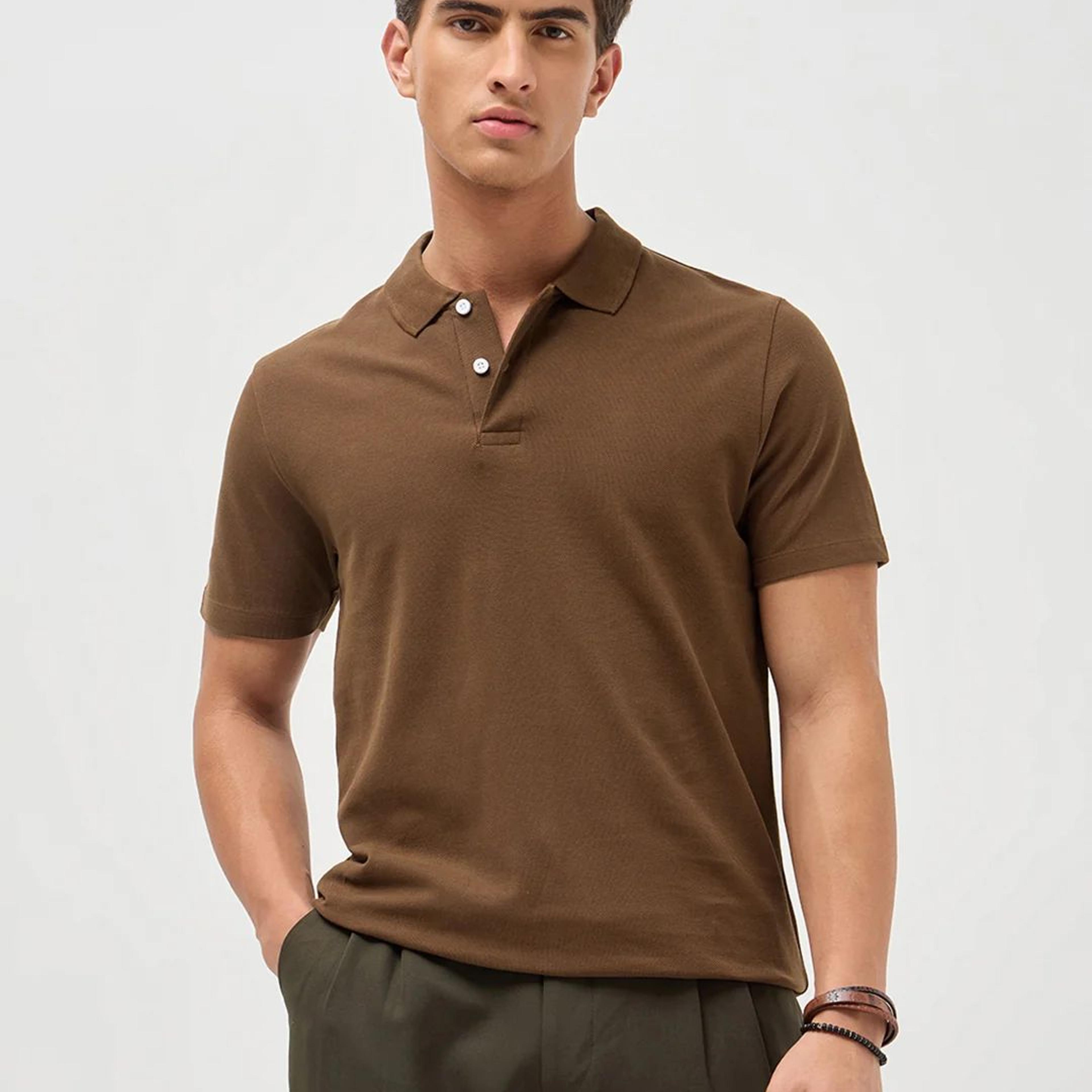 Men's Dark Brown Solid Regular Fit Half Sleeve Cotton Polo T-Shirt