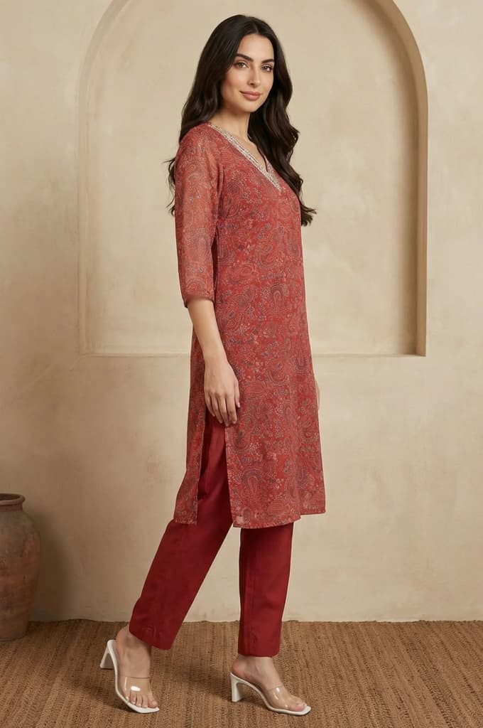 Rust Paisley Printed Straight Chiffon Kurta with Embroidered Neck — photo 6