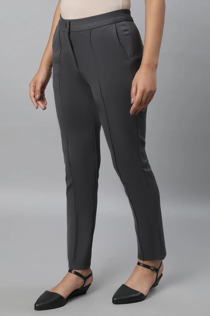 Grey Solid Straight Fit Trousers With Pintuck Detail — photo 3