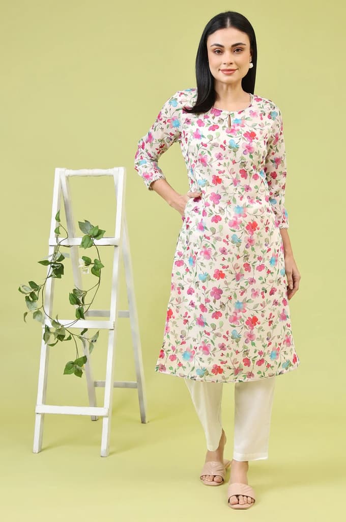 Off-White Straight Kurta in Multi-coloured Floral Print — photo 2