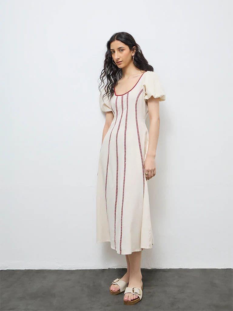 Bombay Paisley Off-White Striped Cotton-Blend A-Line Dress