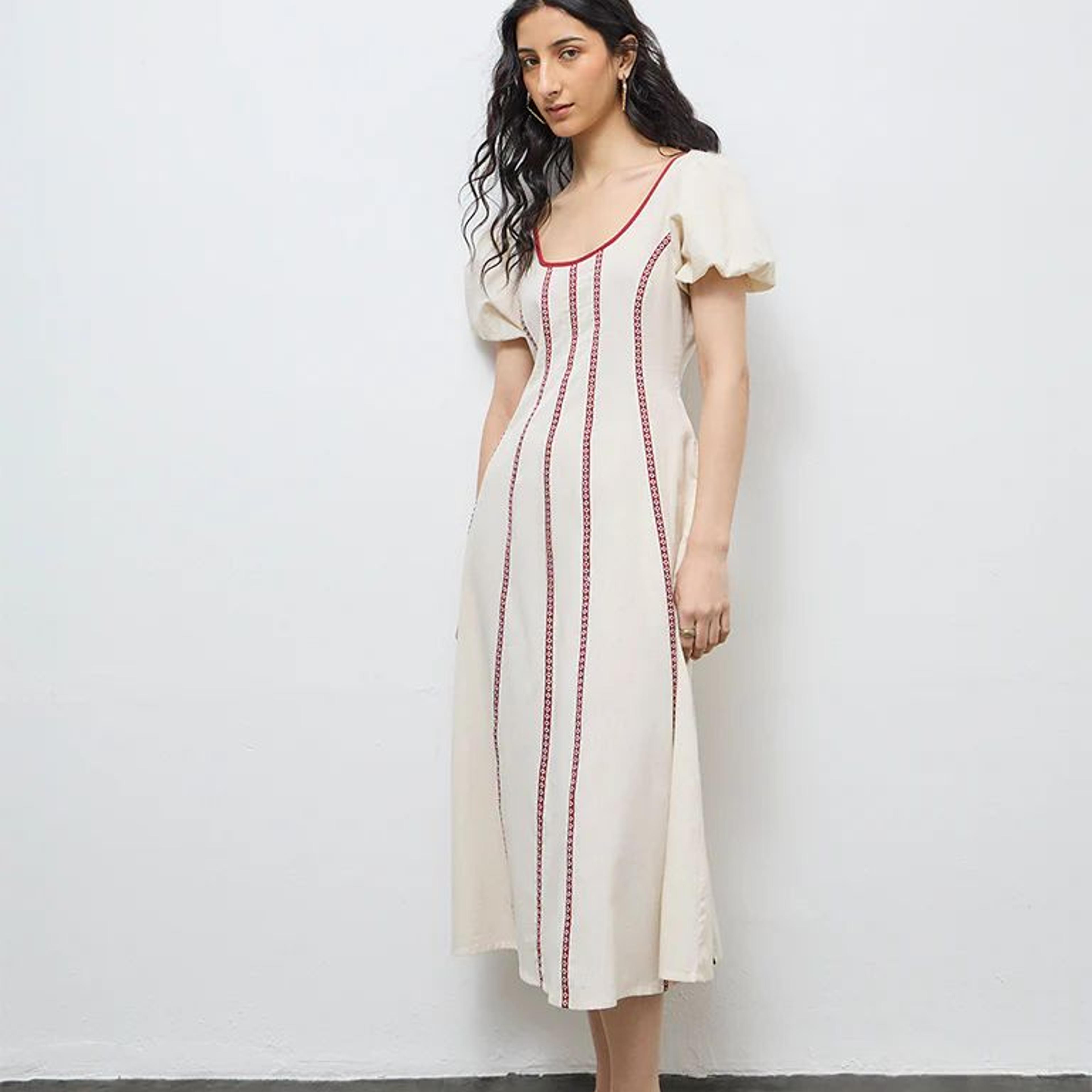 Bombay Paisley Off-White Striped Cotton-Blend A-Line Dress