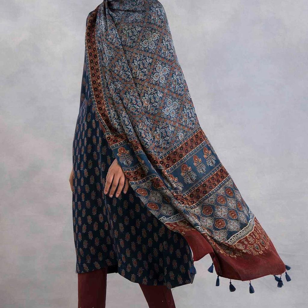 Blue Floral Printed Tassel Modal Satin Dupatta