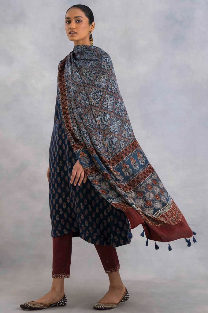 Blue Floral Printed Tassel Modal Satin Dupatta — FS