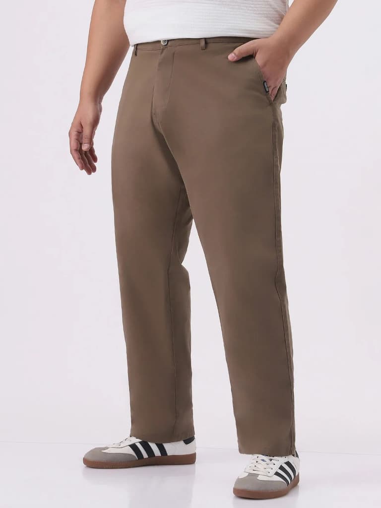 Plus Men's Dark Taupe Cotton Regular Fit Casual Chinos Trousers Stretch — photo 2