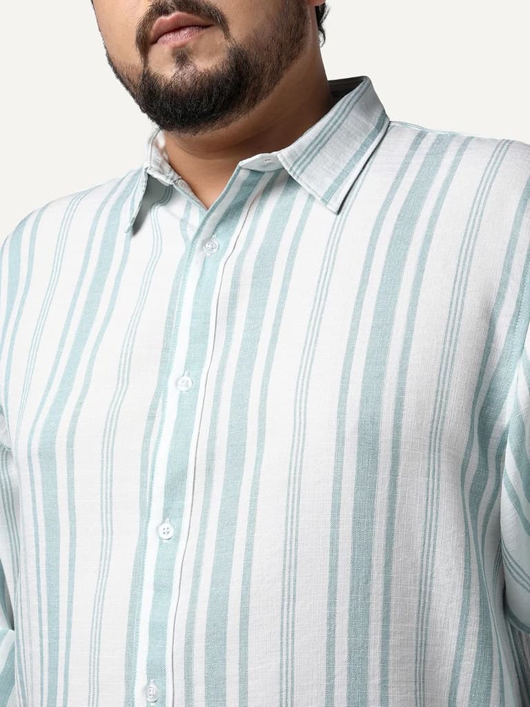 Plus Men's Light Blue Cotton Full Sleeve Relaxed Fit Linen Striped Shirt with Spread Collar — photo 5