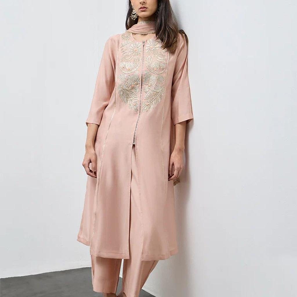 Vark Peach Floral Embroidered A-Line Ethnic Set