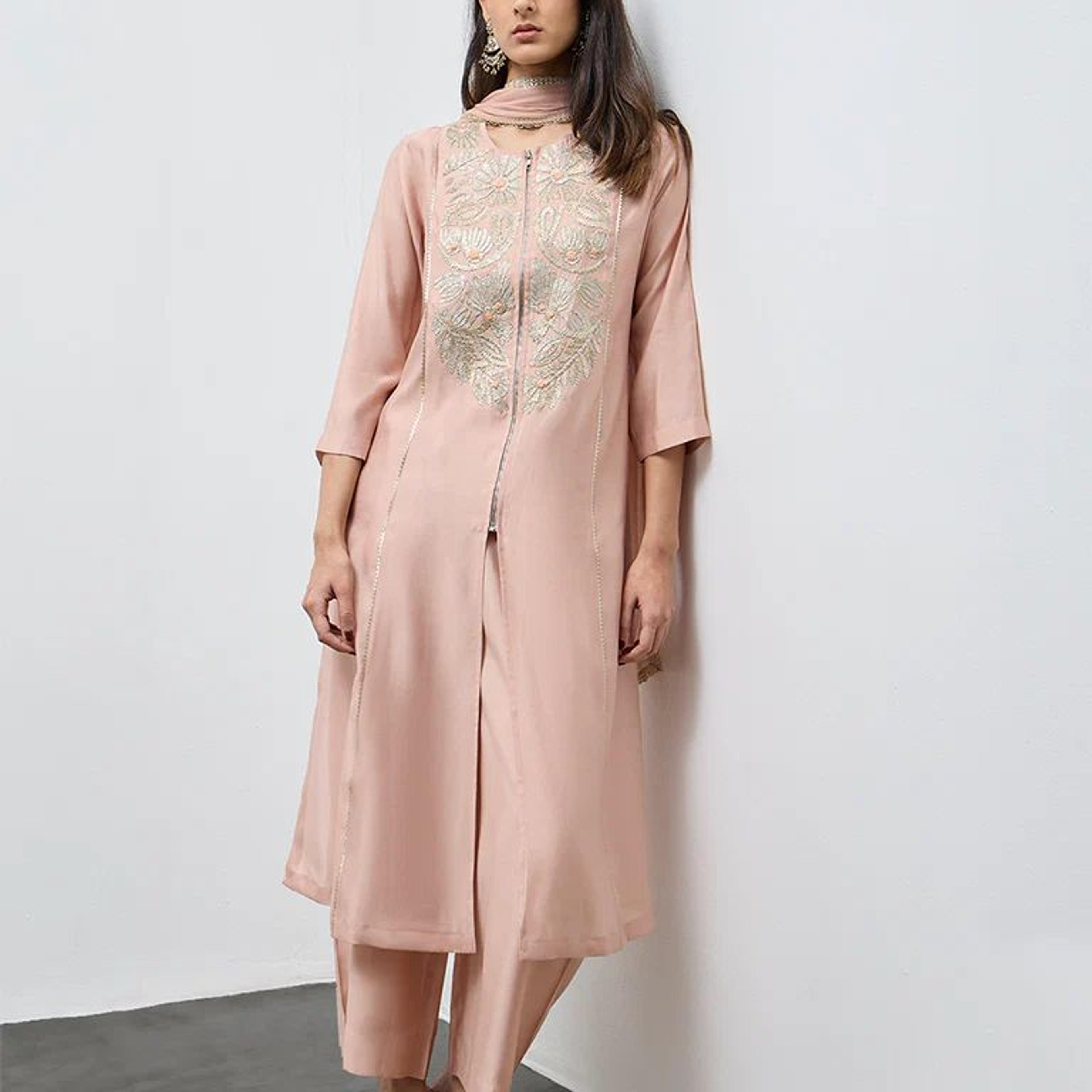Vark Peach Floral Embroidered A-Line Ethnic Set