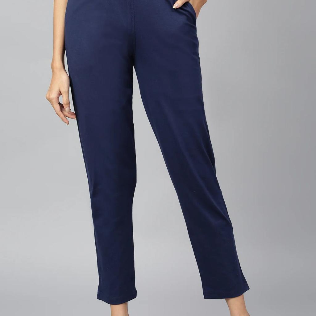 Navy Blue Solid Flared Cotton Pants With Elasticated Waist