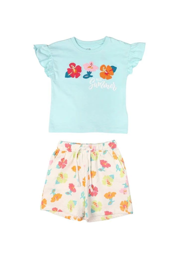 HOP Kids Girls Mint Green Embroidered Cotton Top and Shorts Set — photo 3