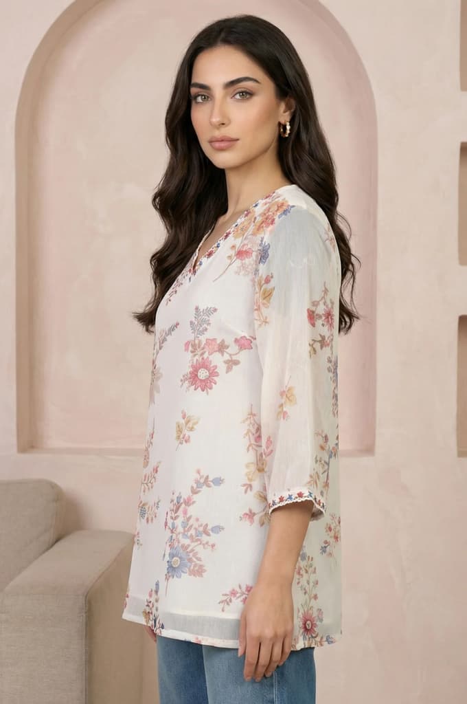 Off White Embroidered Chiffon Straight Top — photo 4