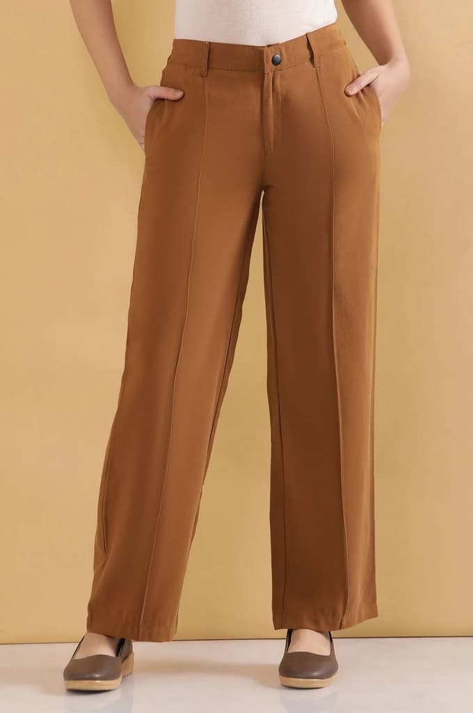 Brown Solid Straight Fit Rayon Pants With Pintuck Detail — photo 2
